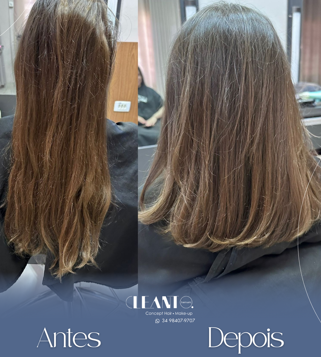 Antes e Depois. Veja como um bom corte e cuidado nos fios fazem toda a diferença! Cleanto traz um toque de leveza e estilo que você merece.
