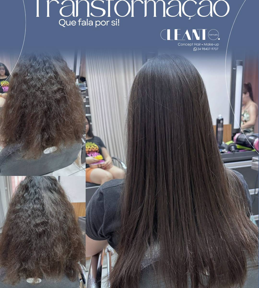 Transformação com alinhamento capilar. O tratamento certo realça sua beleza natural e valoriza cada fio. Quer esse resultado? Vem para o Cleanto Barrualc