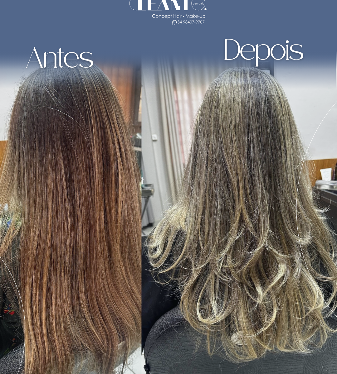 Antes e Depois. Um corte bem-feito e uma coloração vibrante fazem toda a diferença no visual! Além de trazerem leveza e brilho aos fios.