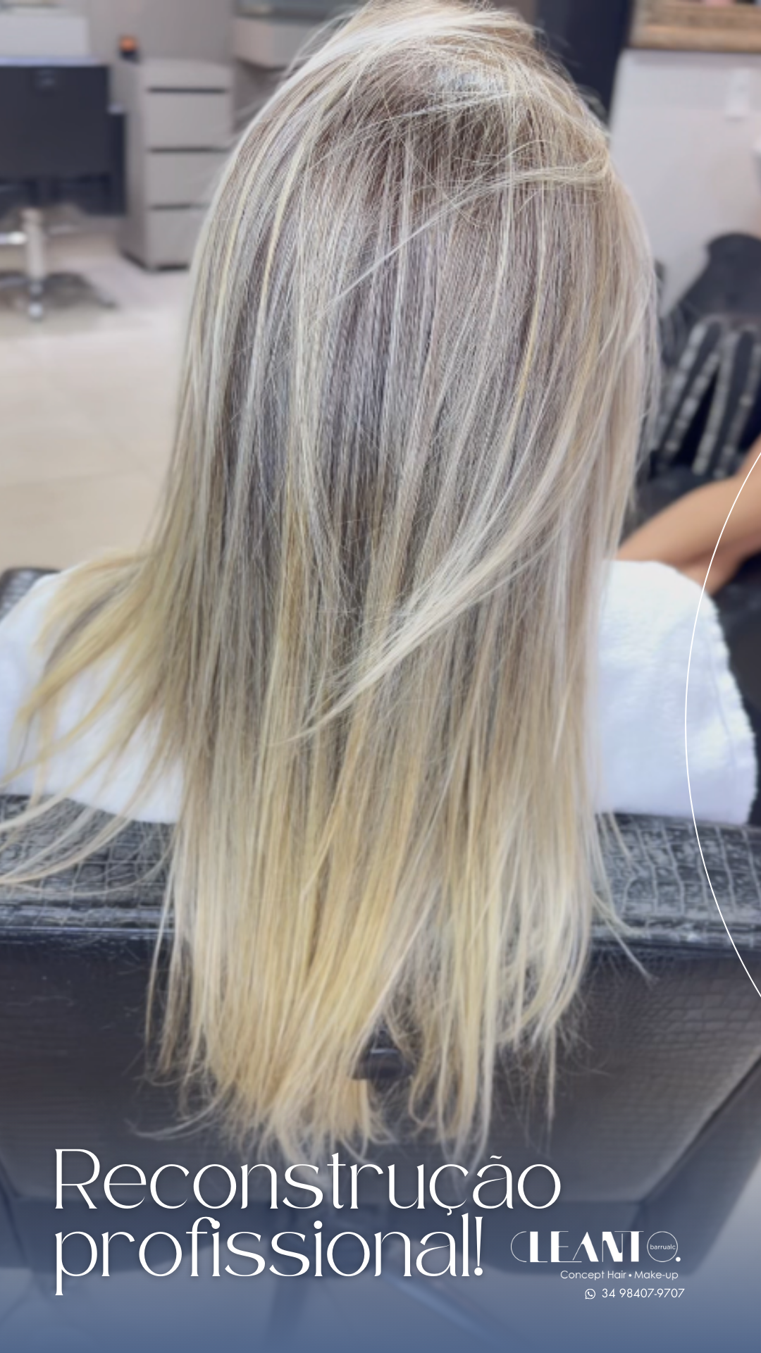 Reconstrução profissional. Cabelo loiro bonito é cabelo forte — e é aqui que a reconstrução profissional entra como protagonista.