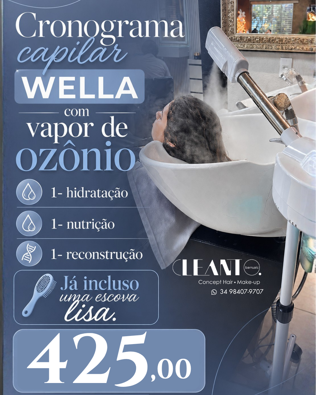 Cronograma Capilar Wella com Vapor de Ozônio. Recupere seu cabelo em 3 etapas e sinta a diferença já na primeira sessão!