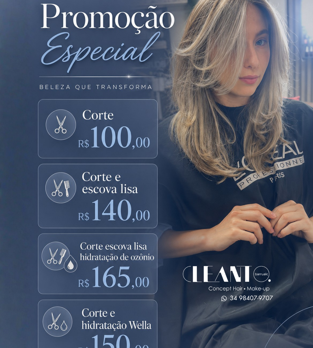 Promoções de Corte + Escova / Hidratação. No Cleanto Barrualc Cabeleireiro, você não faz só um corte… você transforma seu visual!