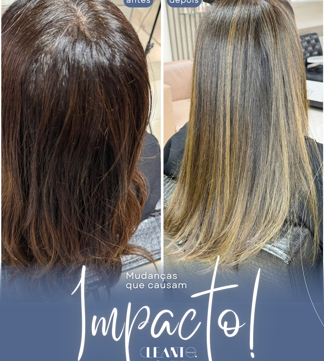 Antes e Depois A diferença aparece sem precisar apagar a base do cabelo: os tons se misturam e criam um resultado com mais brilho, contraste e movimento.